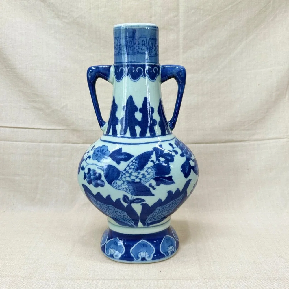 Vintage Blue and White Porcelain Bird Vase with Handles Chinoiserie 12 Inch